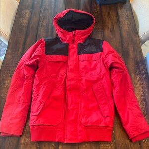 The North Face Red Hooded Puffer Jacket with Black Yoke